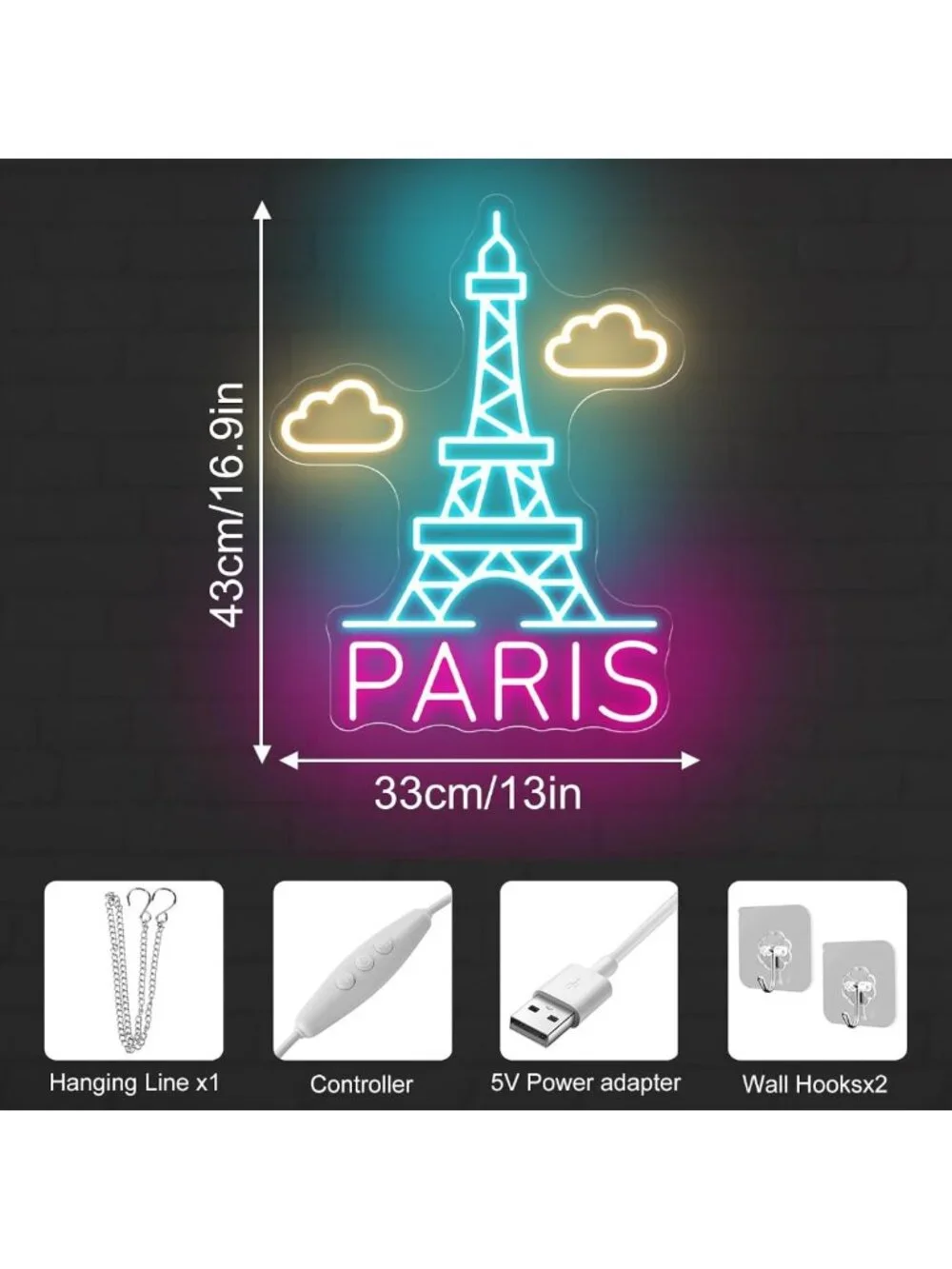 Eiffel Tower Neon Wall Light - Dimmable LED Paris Decor for Bedroom & Cafe